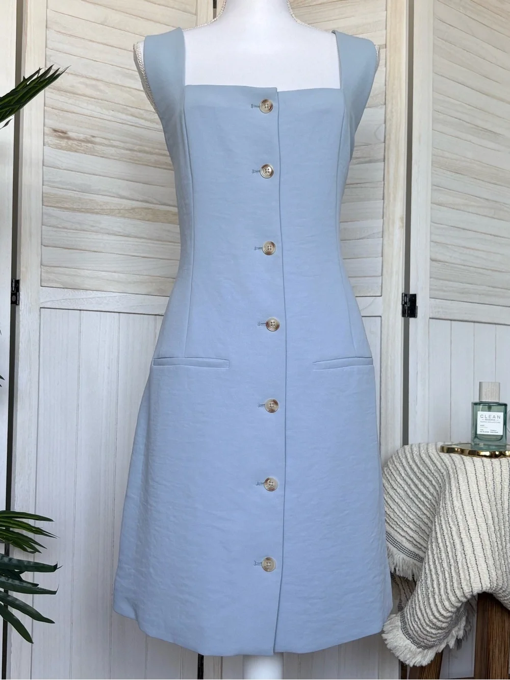 Abercrombie & Fitch Light Blue A-Line Mini Dress Square Neck Button Front LT